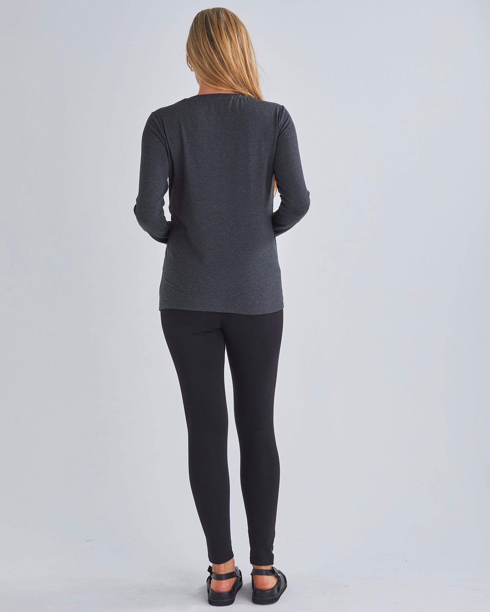 Back View - Easy Access Long Sleeve  Nursing Petal Top in Charcoal from Angel Maternity