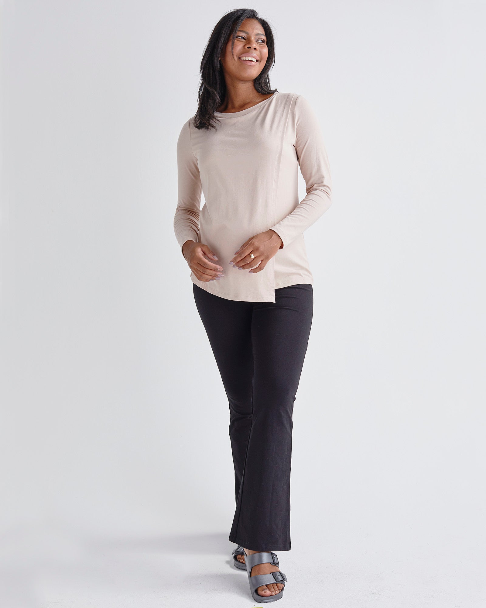 Full View - Long Sleeve  Nursing Petal Top in Blush Pink and Black Pnats from Angel maternity