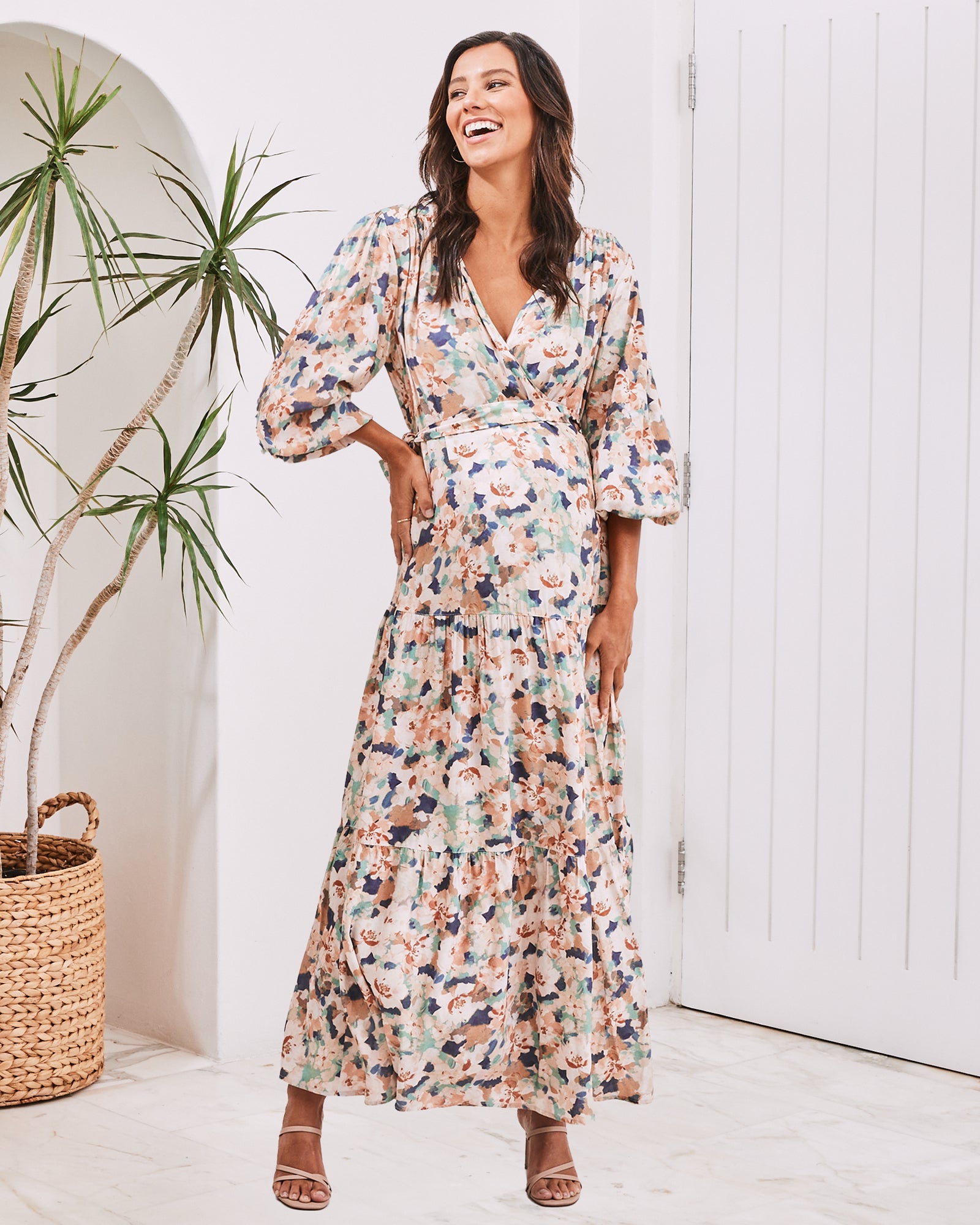 Maternity baby shower maxi dress in beige floral print