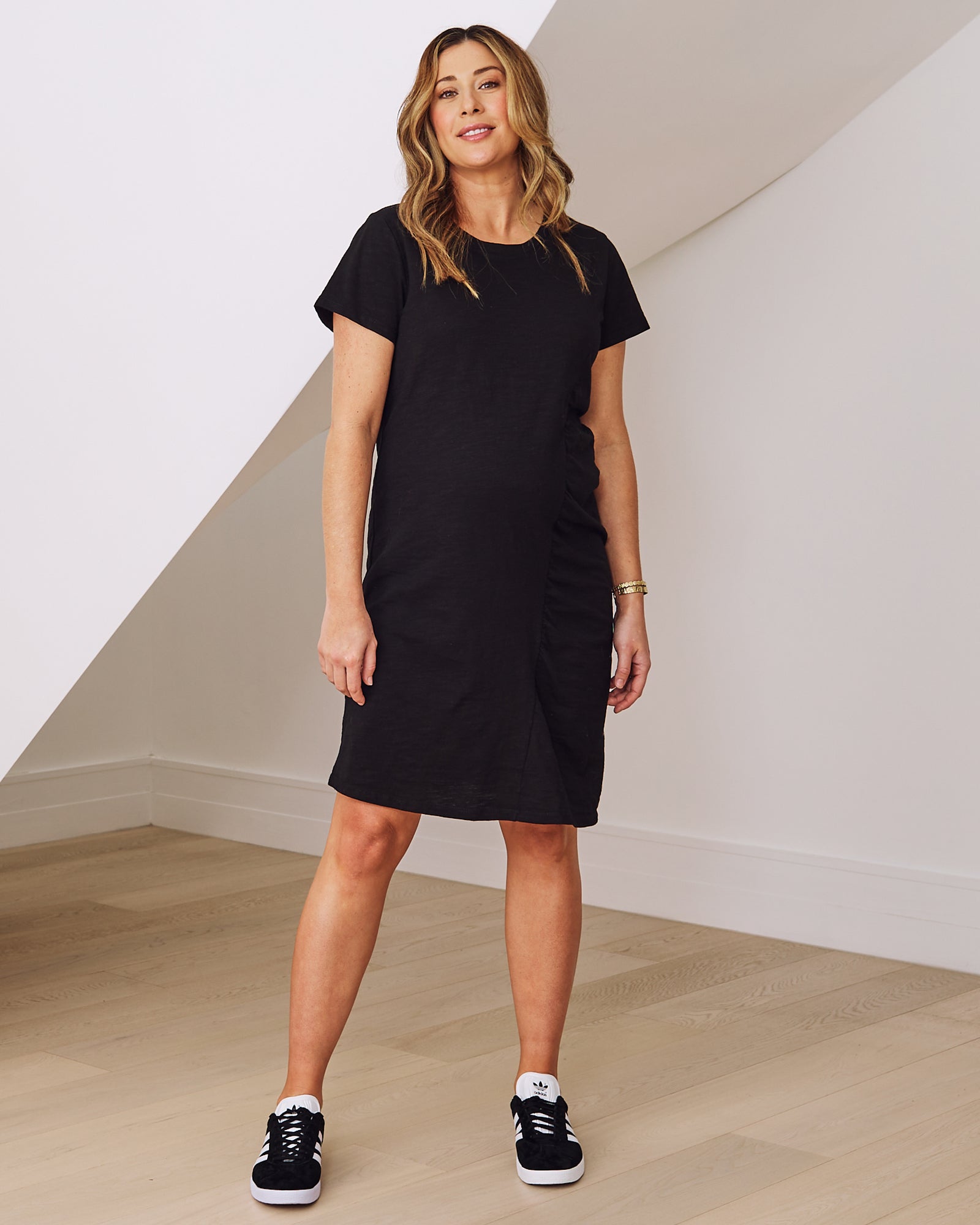 Front view- maternity t shirt dress in black