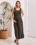 Front view- maternity nursing maxi dress khaki