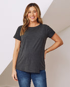 Front View - maternity and nursing crew neck top in charcoal