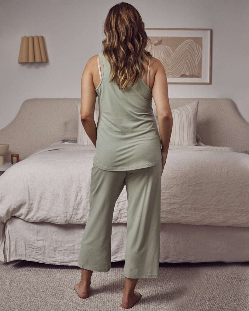 Back view- maternity & nursing loungewear PJ pale sage