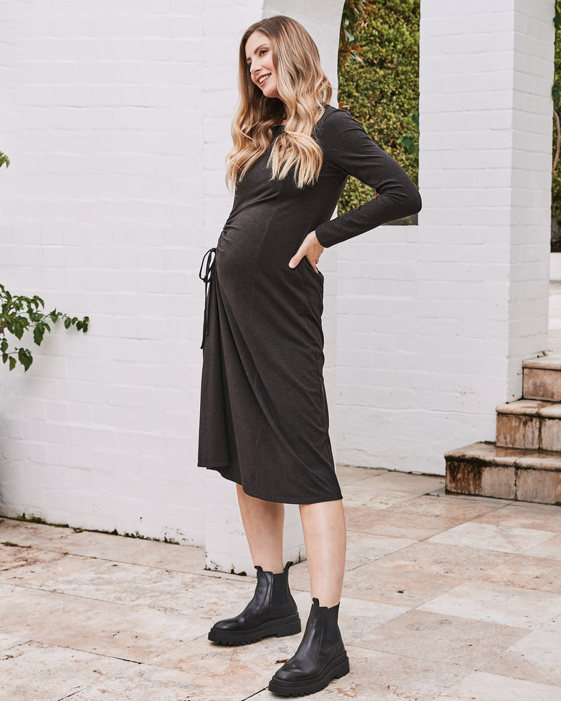 Side View - Maternity midi rouged dress charcoal