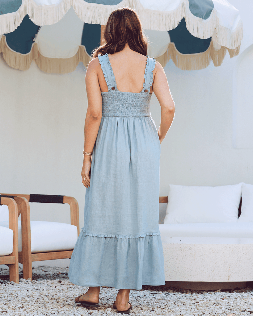 Back view - Maternity shirred dress in light blue
