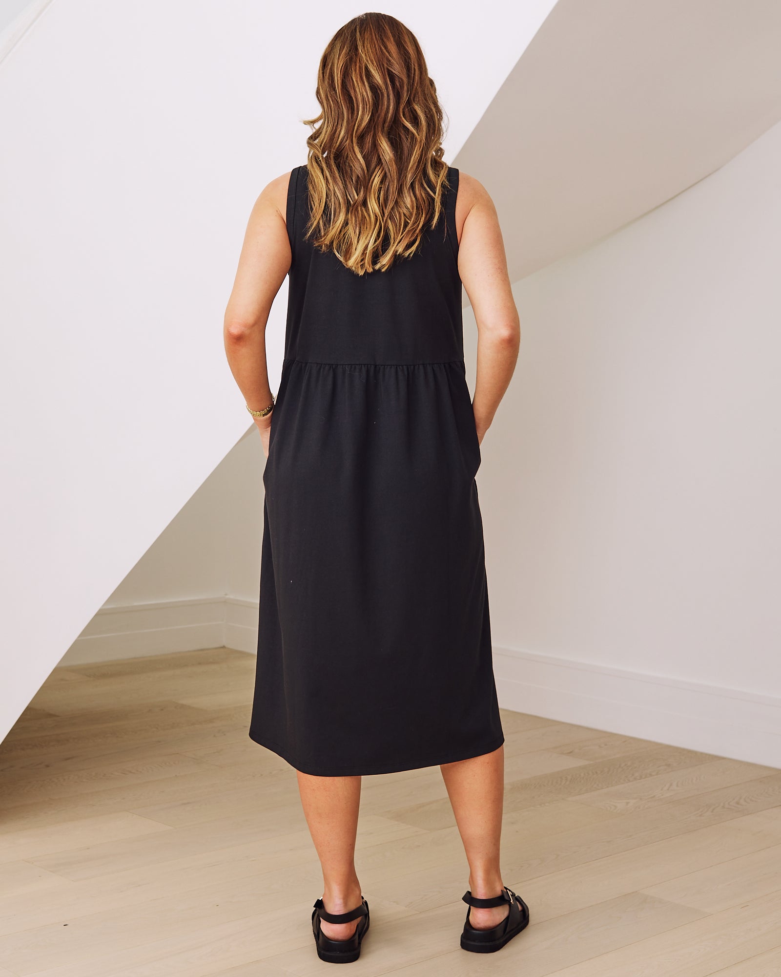 Back  view- maternity  relaxed fit cotton dress in Black