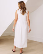 Back view- maternity  relaxed fit cotton dress in white