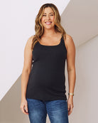 Front view- maternity and nursing ribbed singlet in black