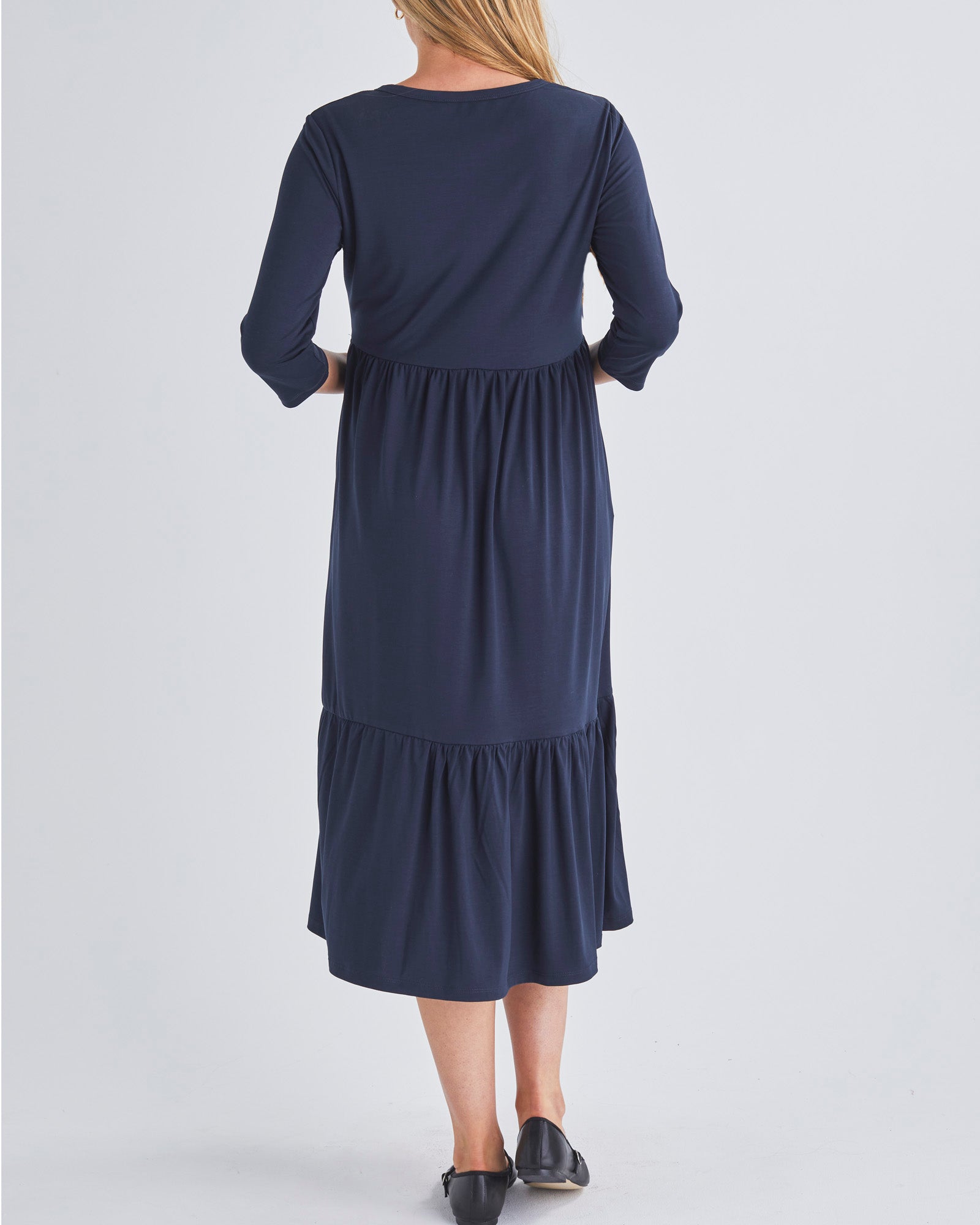 Back View - A Pregnant Woment Wearing Tiered Maternity Midi Dress in Navy from Angel Maternity Australia