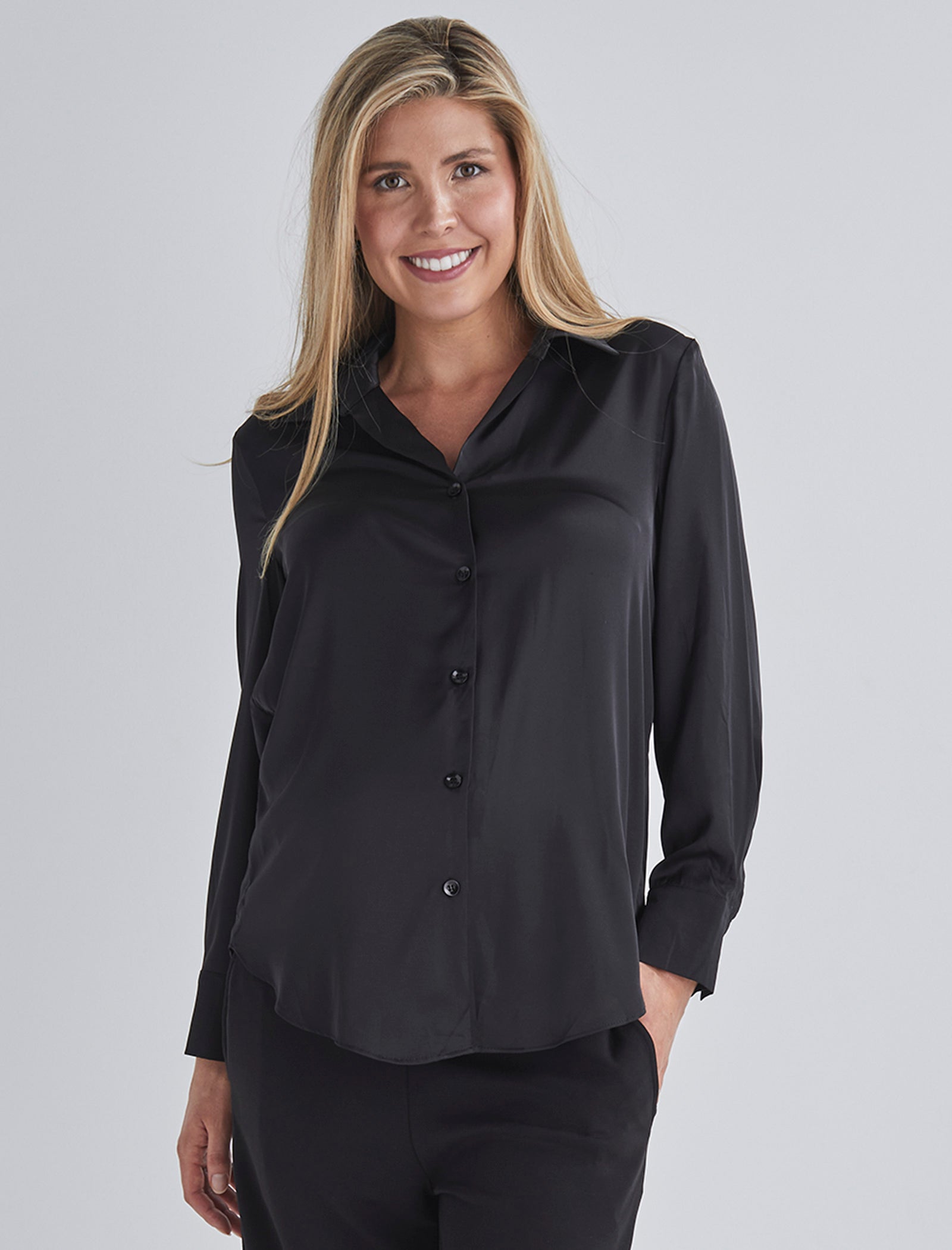Main view-This maternity work shirt has long sleeves with a button up cuff which you can dress it up or down, this versatile piece offers comfort and sophistication for any occasio from Angel Maternity