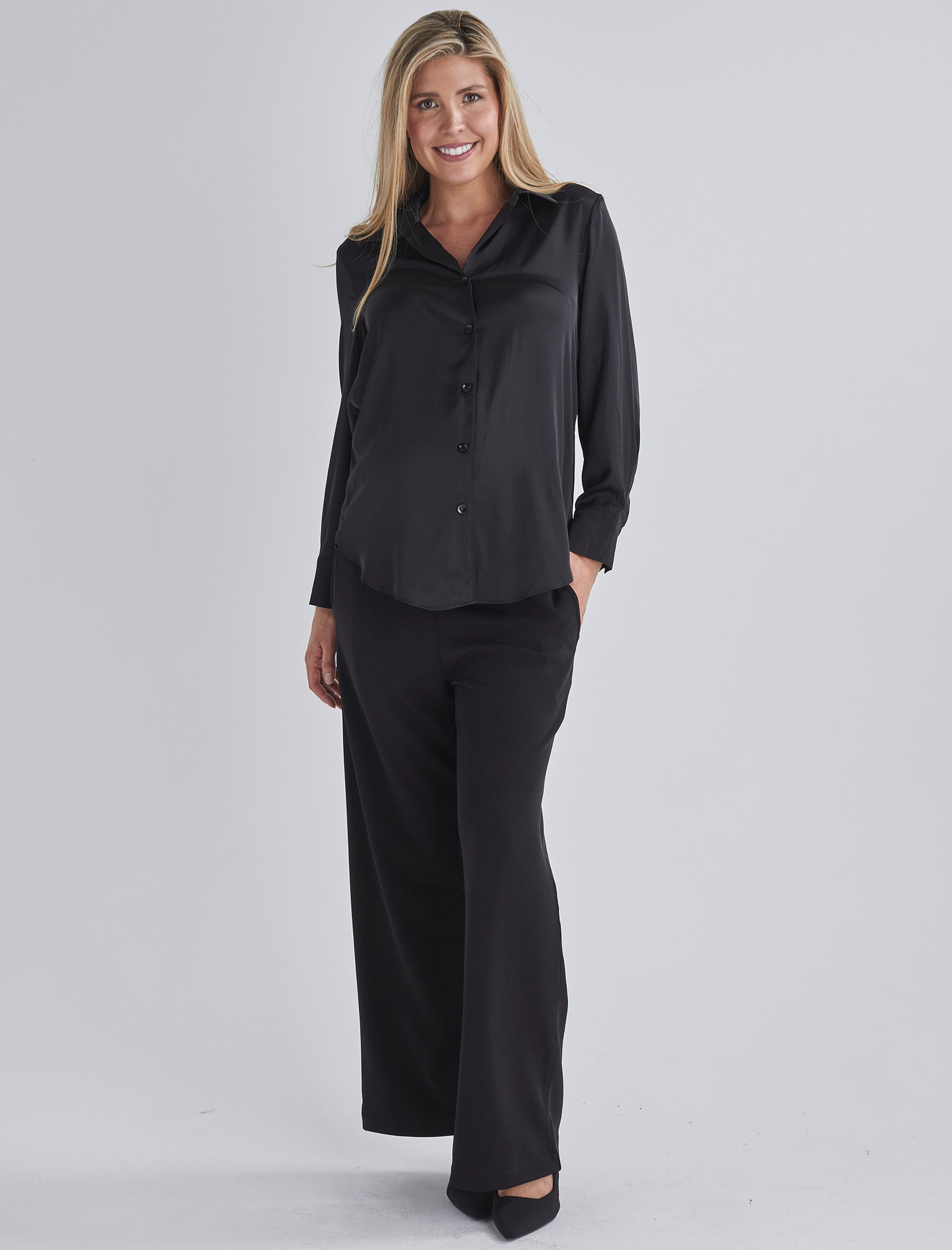 Main1 view-This maternity work shirt has long sleeves with a button up cuff which you can dress it up or down, this versatile piece offers comfort and sophistication for any occasio from Angel Maternity