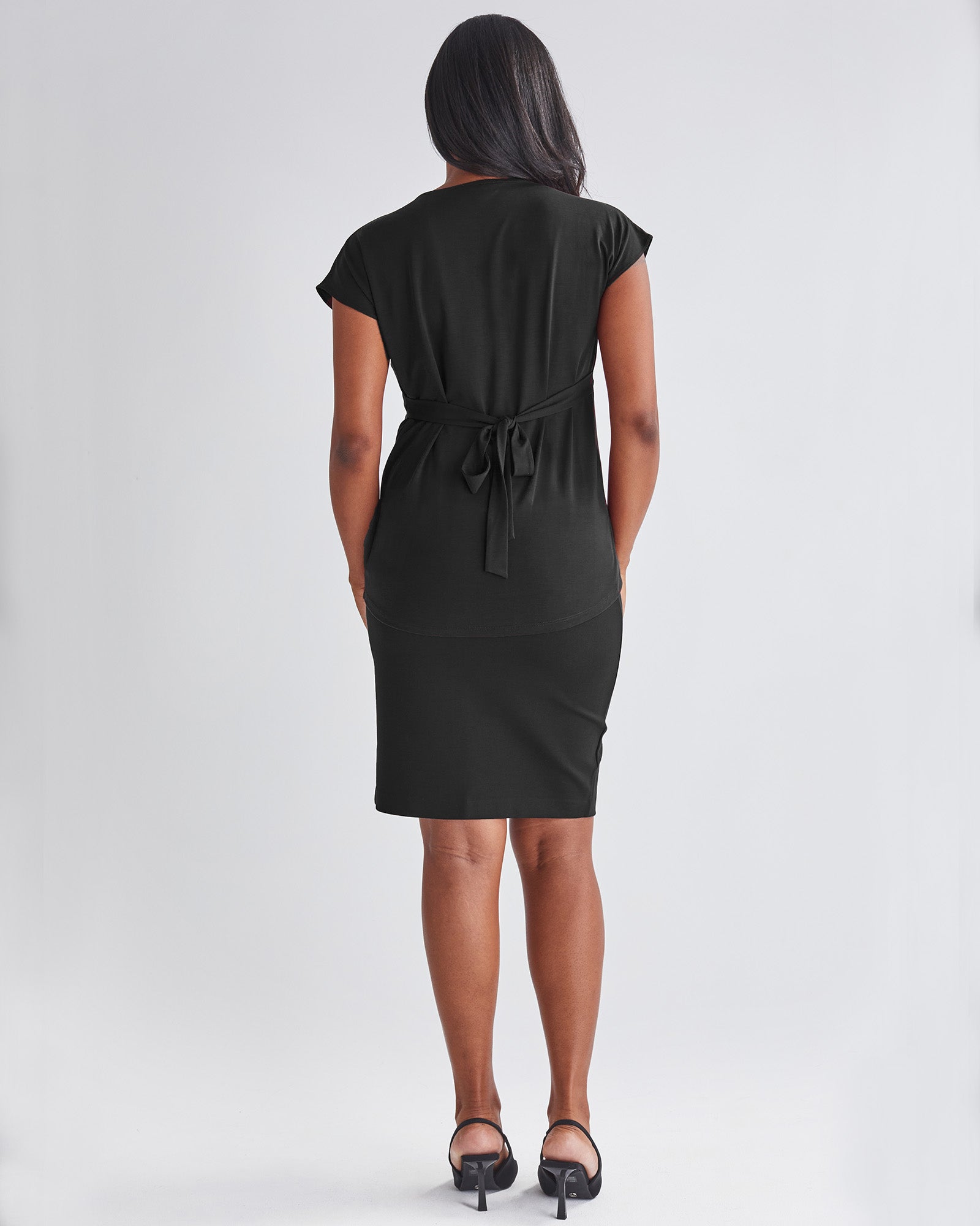 Back view-Nursing friendly cross Over style Stretchy, no-iron fabric Versatile waist belt from Angel Maternity