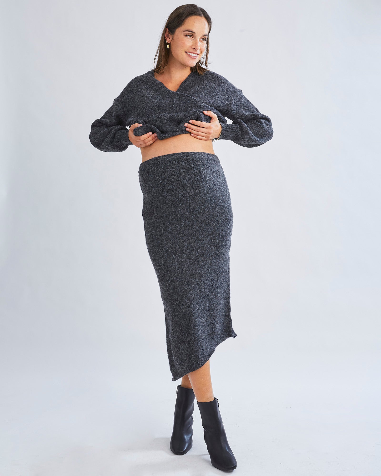 Amelie s Enchanting Allure Asymmetrical Knit Midi Skirt Charcoal