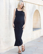 Side 1 view :Our Angel Maternity Fitted Ribbed sleeveless  Stretchy fabric Colour: Black