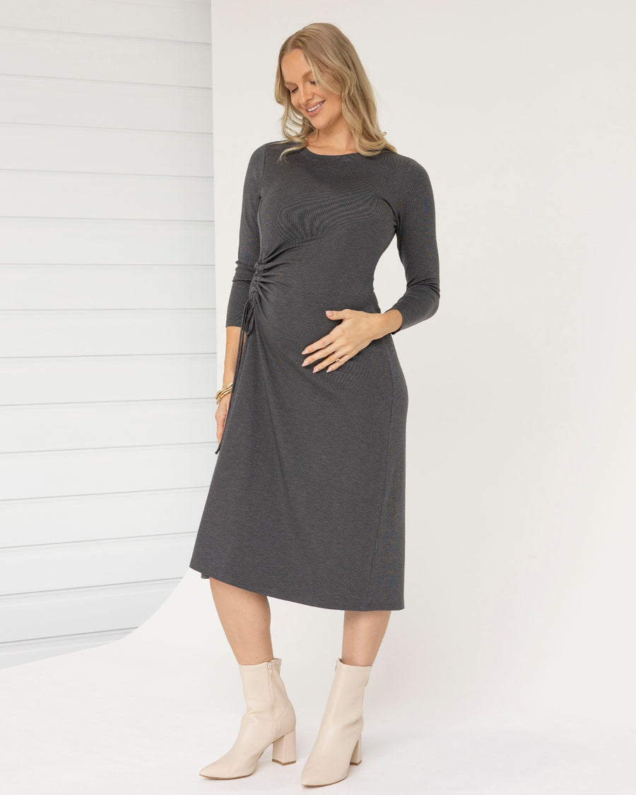 Kathy Maternity Side Drawstring  Dress in Charcoal