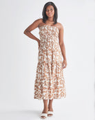 Full View: Long skirt Strapless dress Shirred elastic waist band. Colour: Brown Floral Print from Angel Maternity