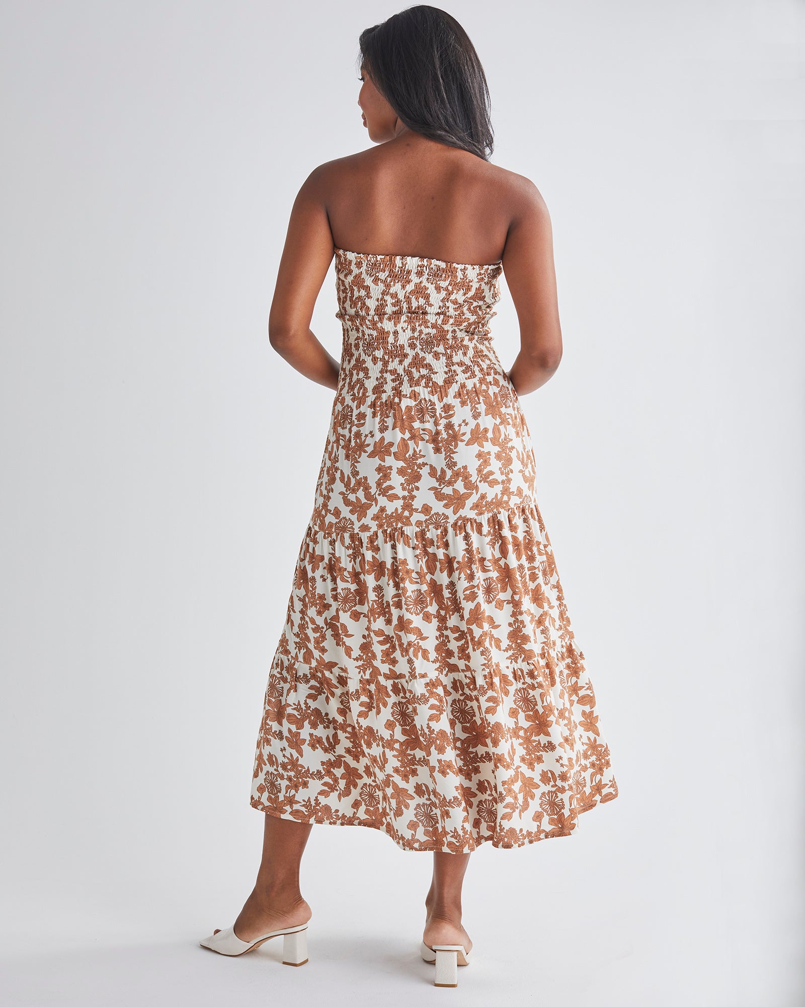 Back View: Long skirt Strapless dress Shirred elastic waist band. Colour: Brown Floral Print from Angel Maternity