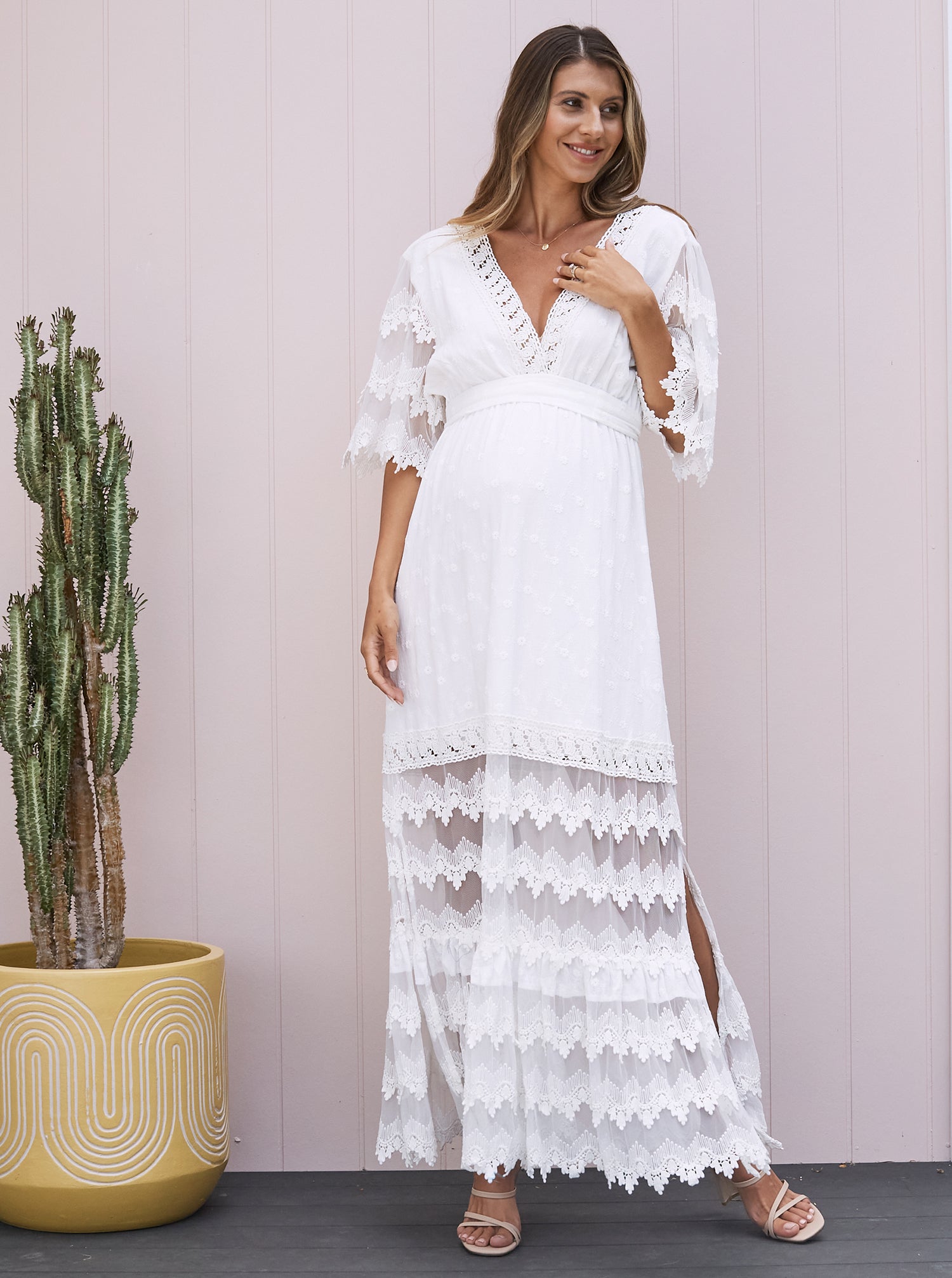 Luxury Lace Knitted Maternity Baby Shower Dress in White Angel Maternity Australia