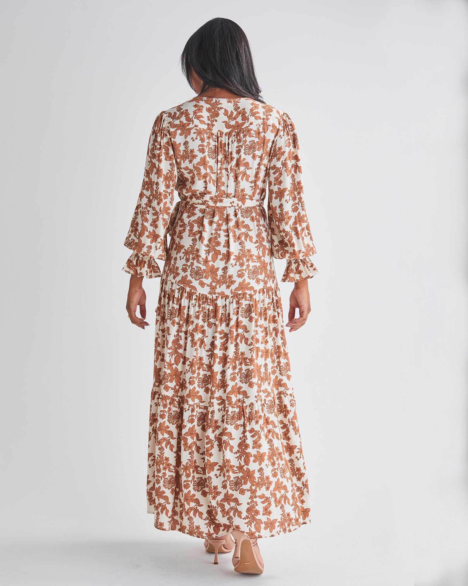 back view-Maternity and nursing -Maxi length- Nude Floral Print- Wrap Dress with Tie-Sleeve Relaxed Fit from AngelMaternity
