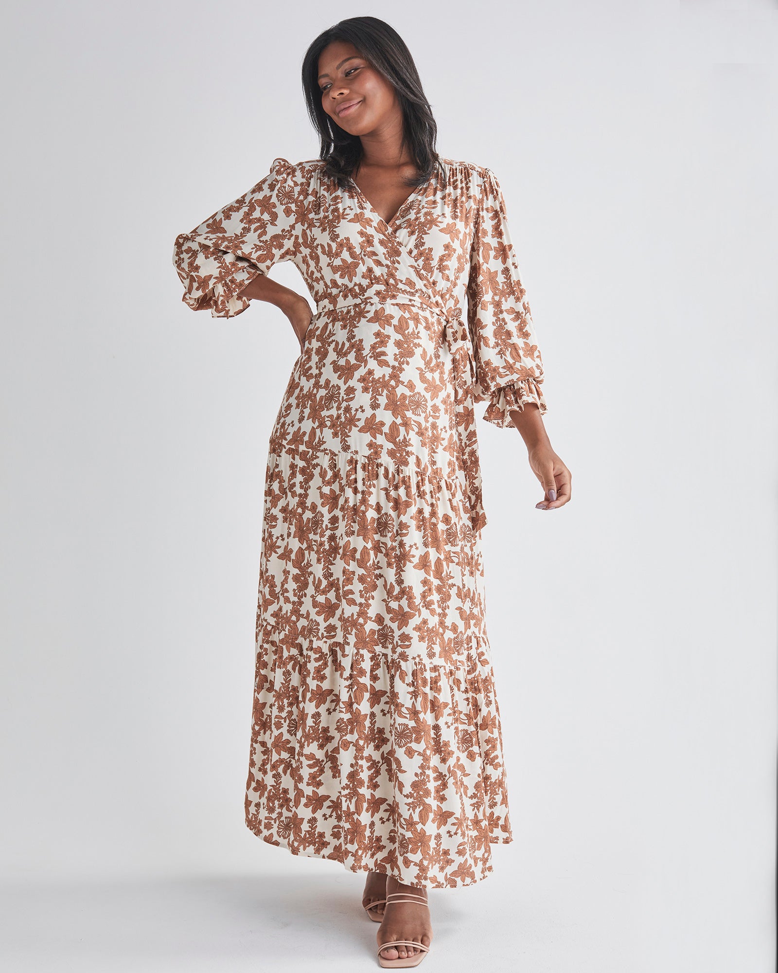 Main view-Maternity and nursing -Maxi length- Nude Floral Print- Wrap Dress with Tie-Sleeve Relaxed Fit from AngelMaternity