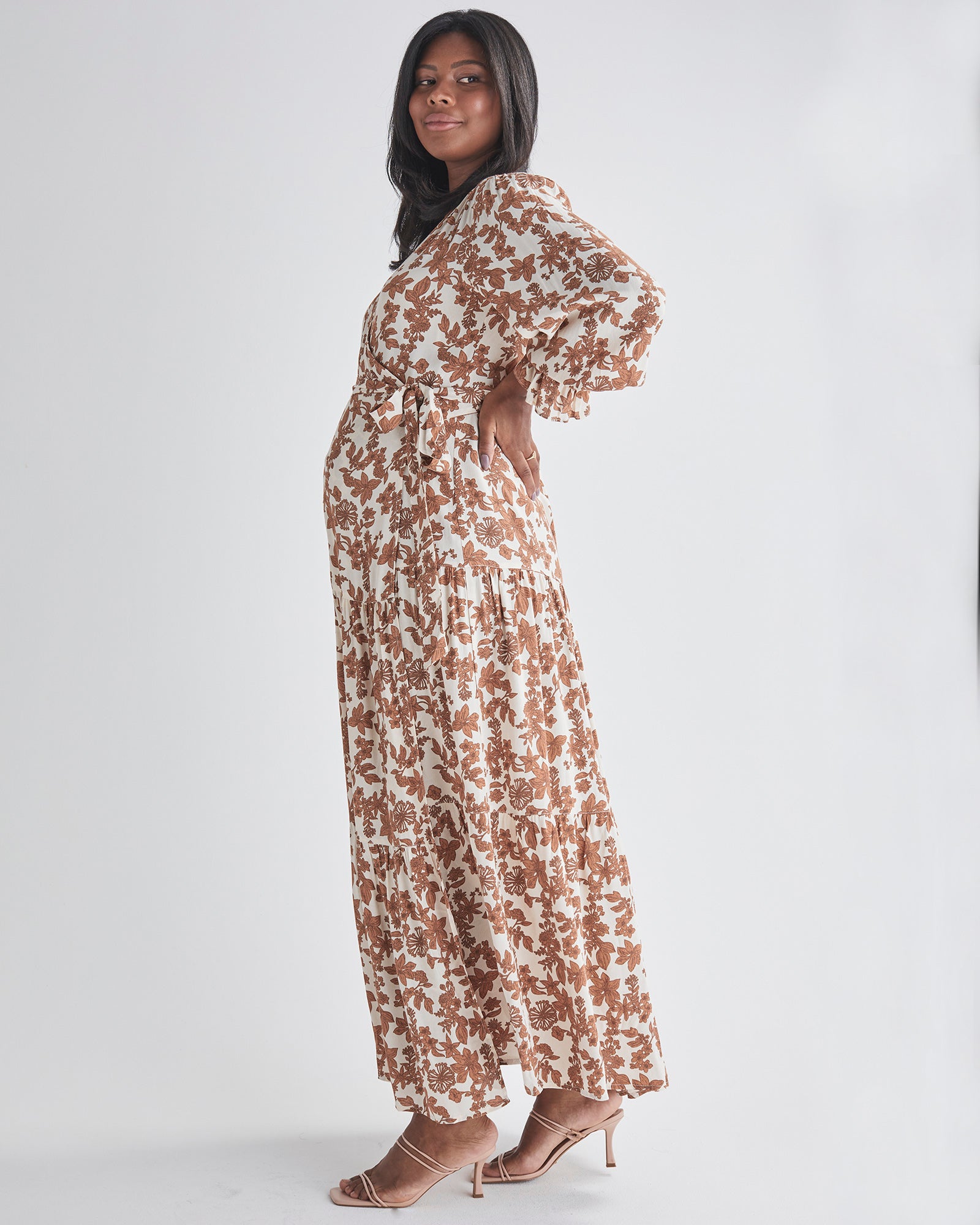 Front2 view-Maternity and nursing -Maxi length- Nude Floral Print- Wrap Dress with Tie-Sleeve Relaxed Fit from AngelMaternity