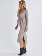 Side View - A Pregnant Woman Wearing Full Sleeve Knit Maternity Midi Dress in Gravel from Angel Maternity