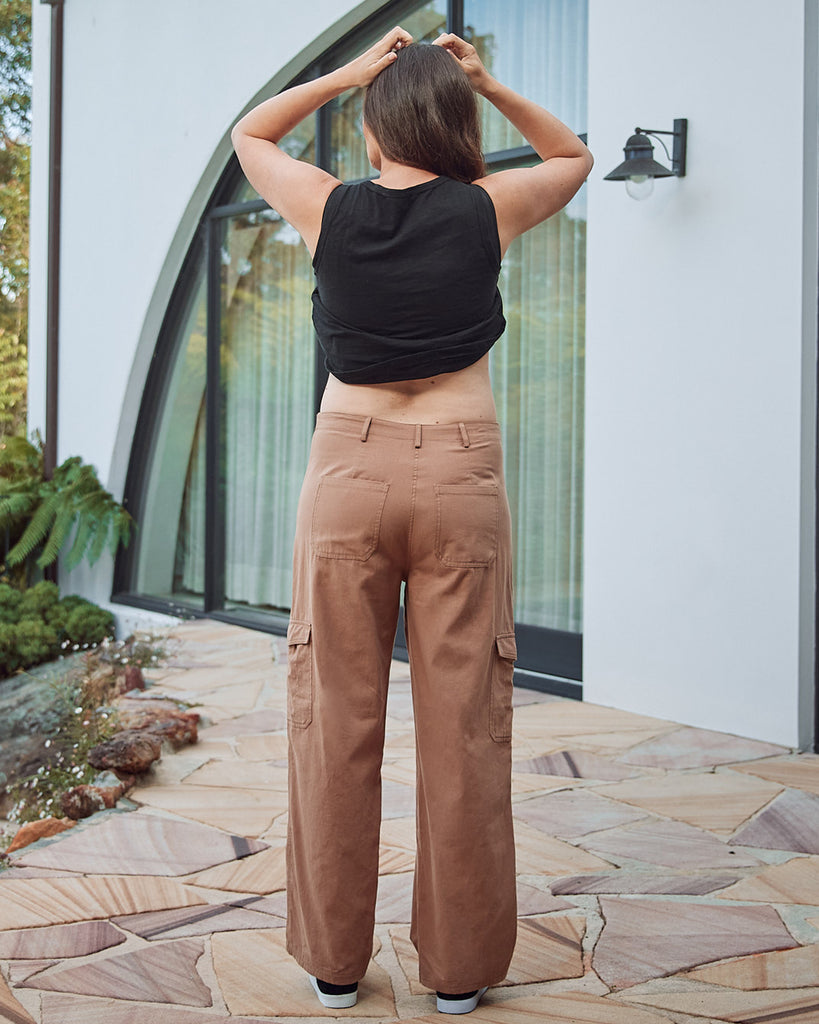 Back view- maternity cotton cargo pants brown