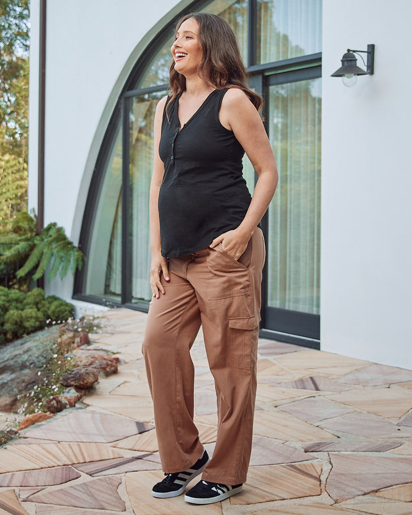Side view- maternity cotton cargo pants brown