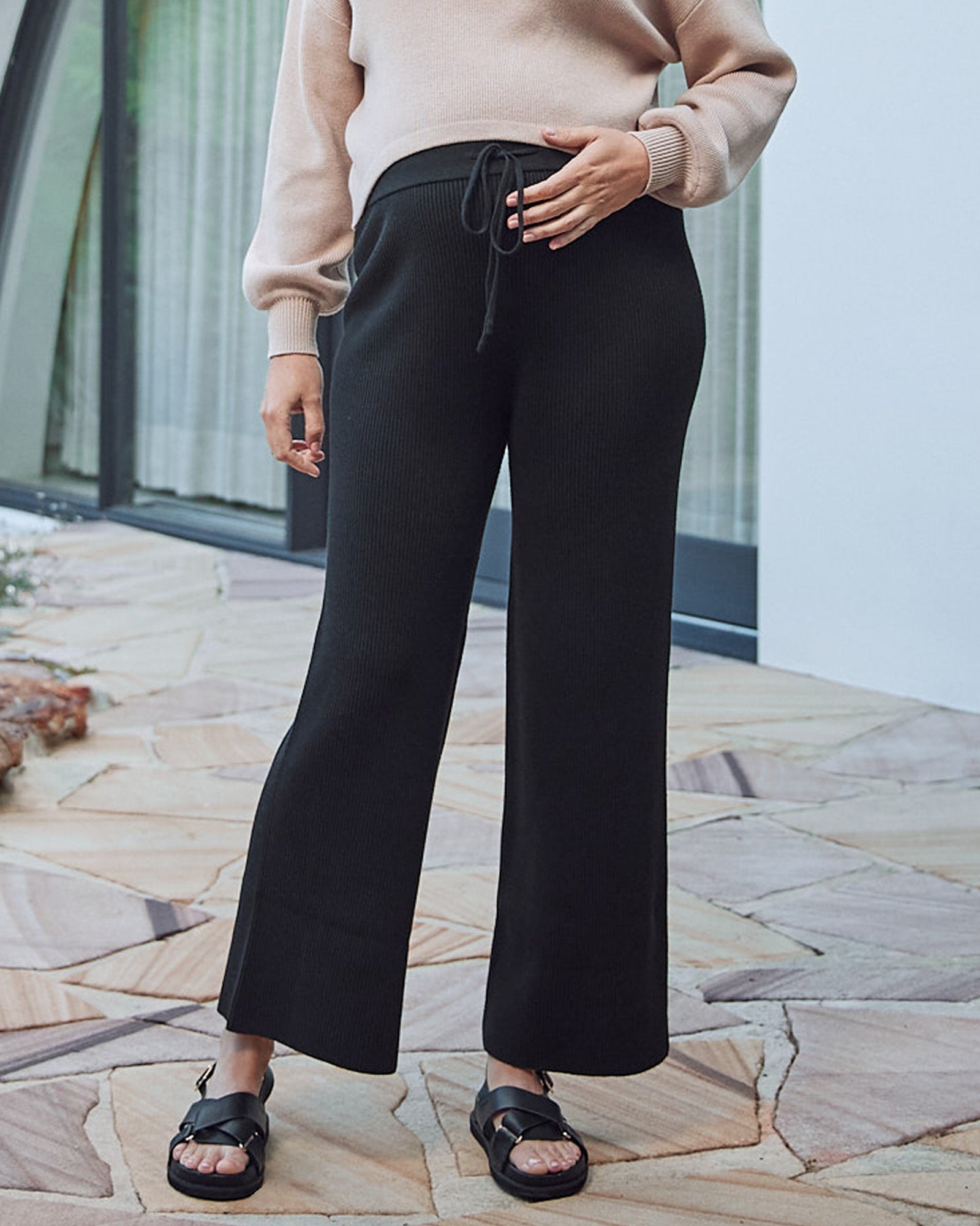 Front view- maternity knitted lounge pants black