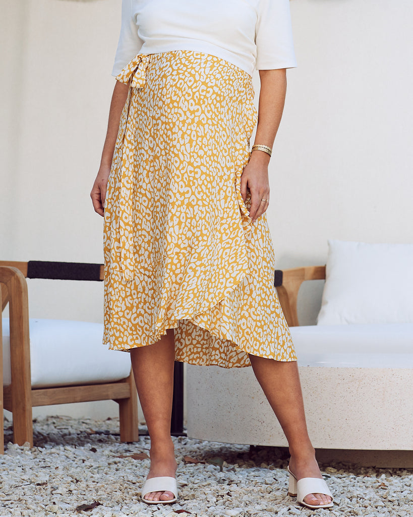 main view - maternity wrap ruffled skirt in mustard leopard print