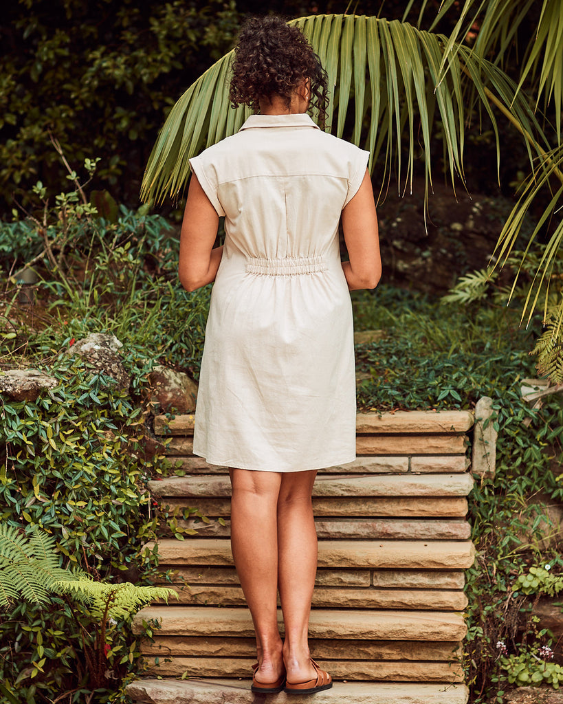 Back view- maternity cotton shirt dress in beige