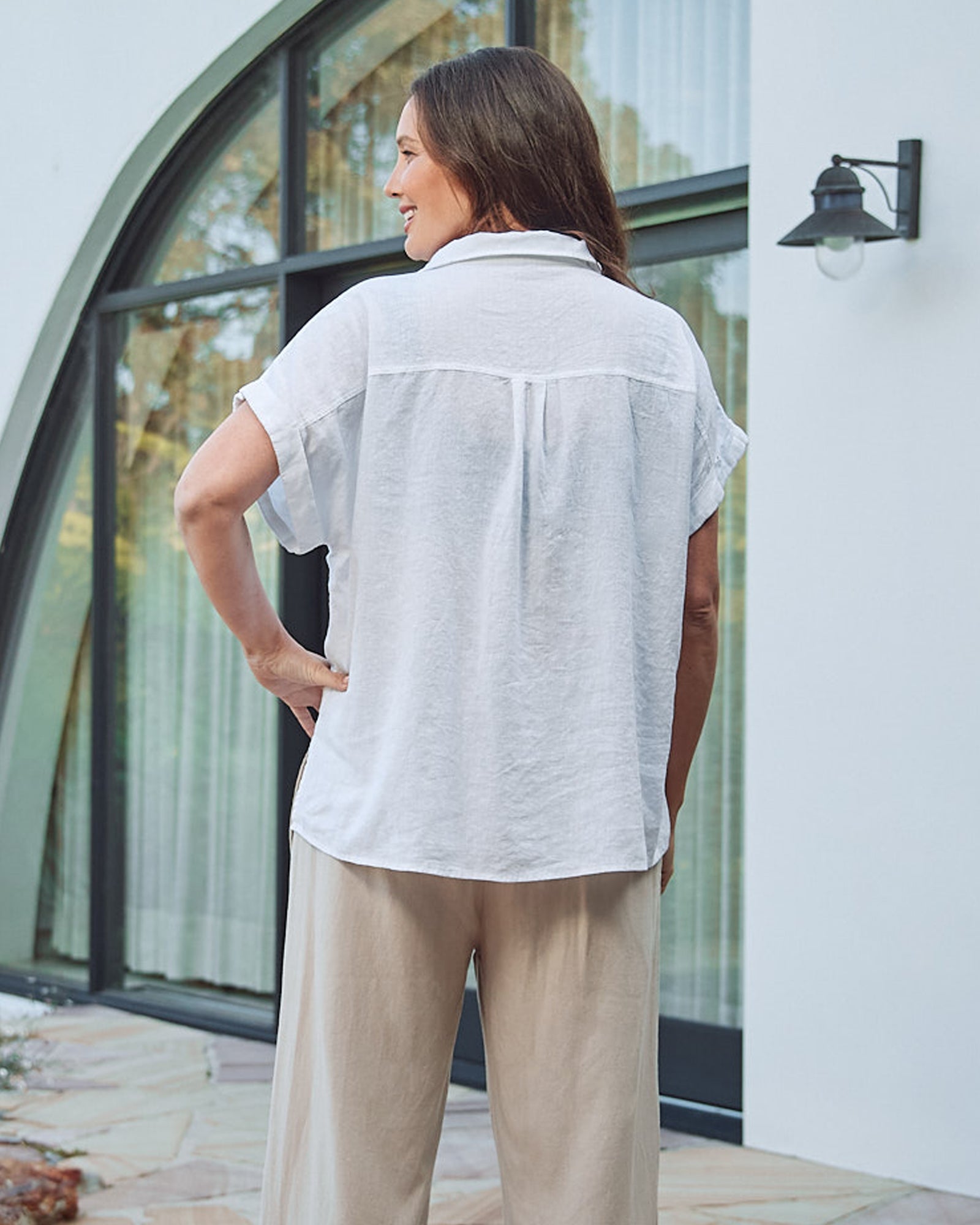 Back view- maternity short sleeve linen shirt in white