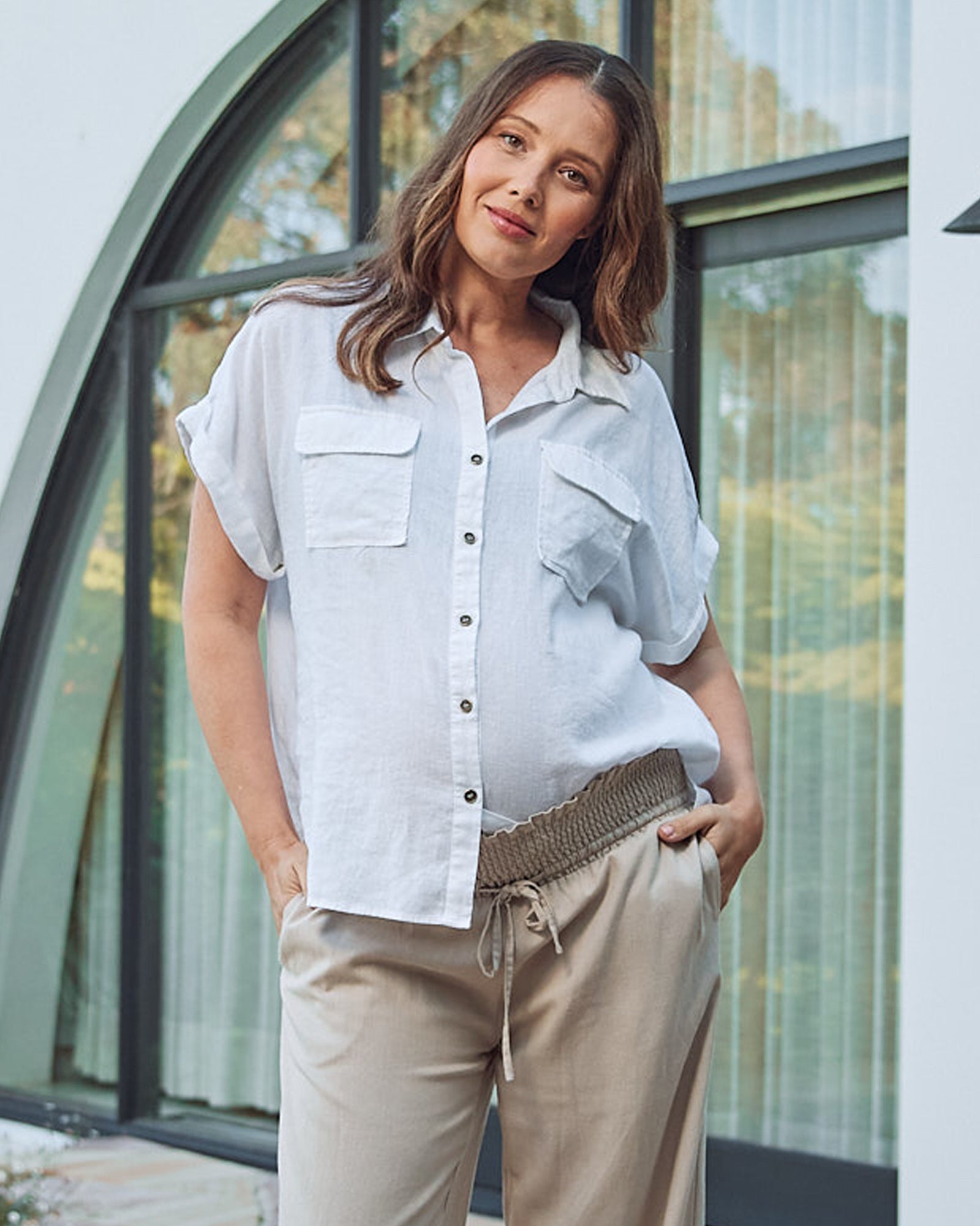 front view- maternity short sleeve linen shirt in white