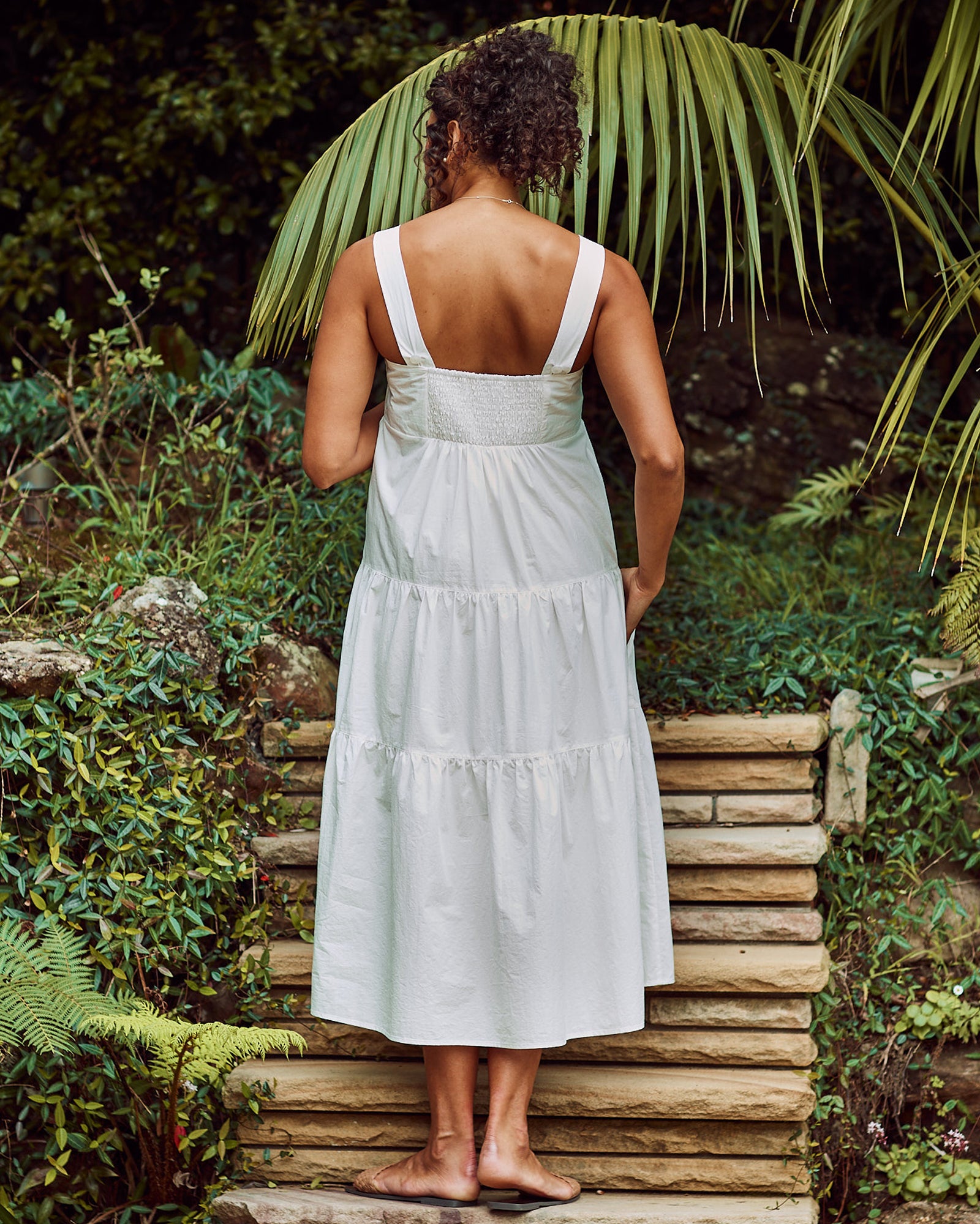 Back view- maternity tiered maxi dress white