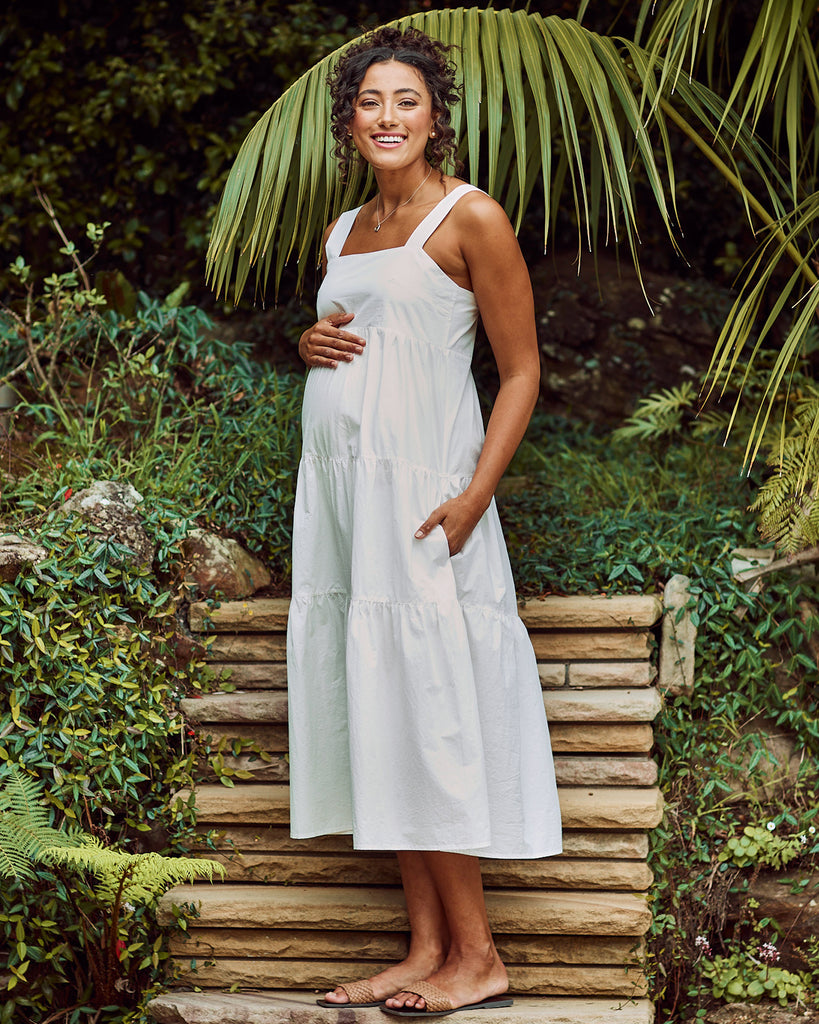 Side view- maternity tiered maxi dress white