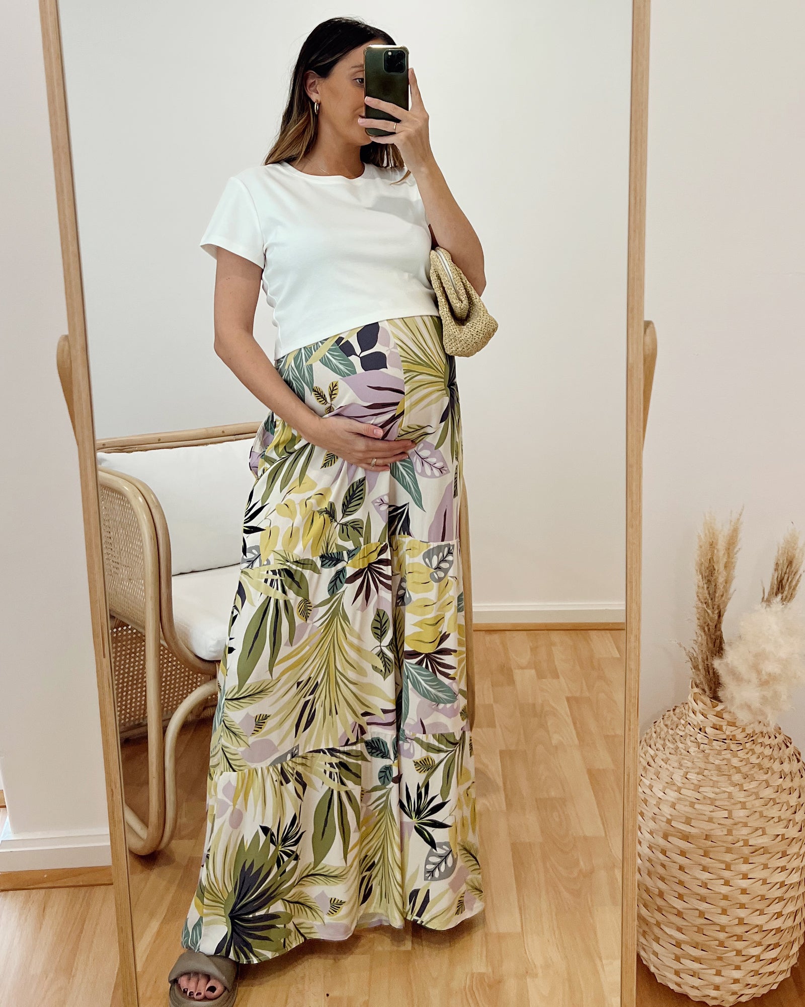 Stacie Wide Leg Maternity Ruffled Pants in Green Flora