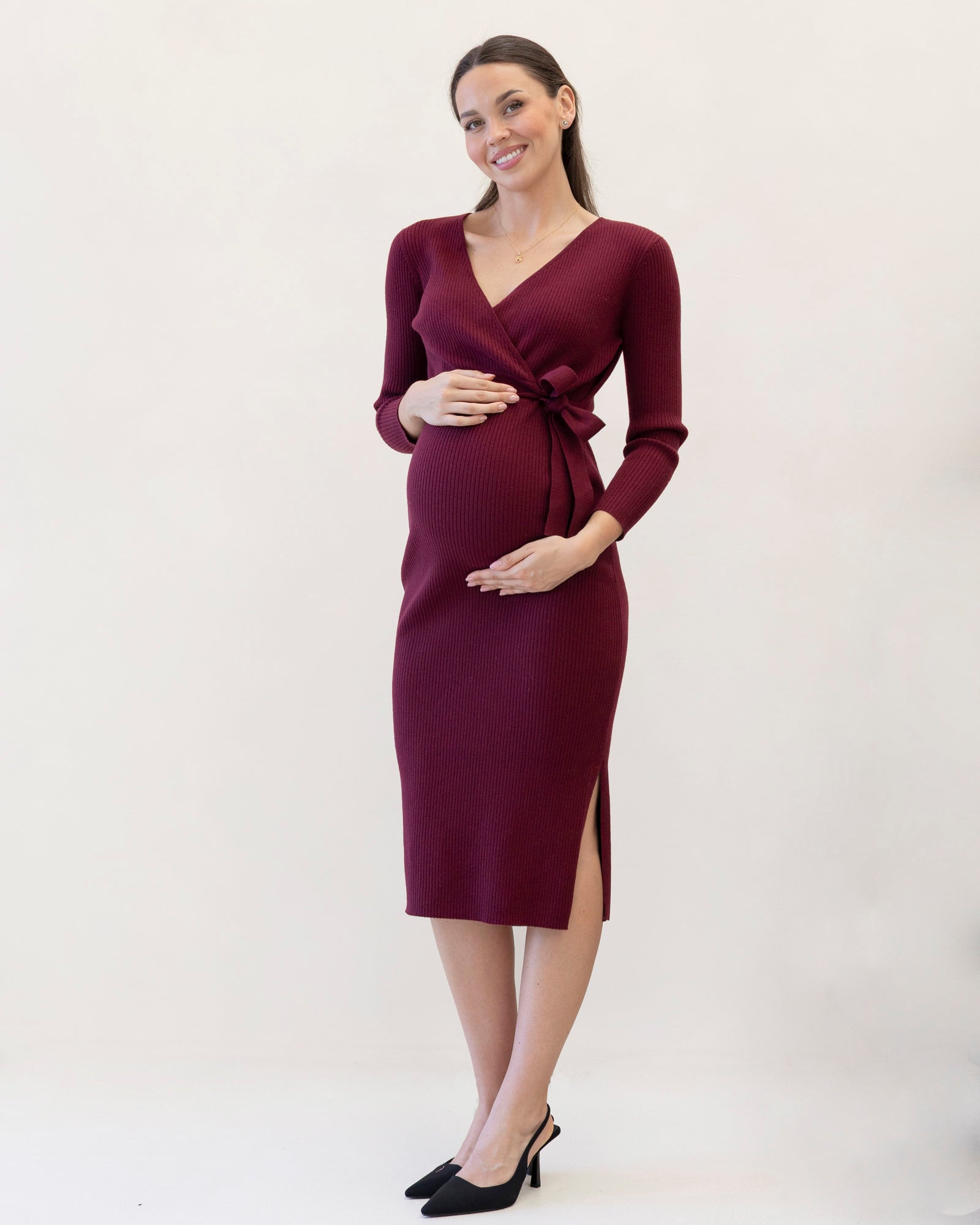 Lucille Full Sleeve Knit Maternity Midi Dress in Burgundy Angel Maternity Australia Lucille Full Sleeve Knit Maternity Midi Dress in Burgundy Angel Maternity Australia