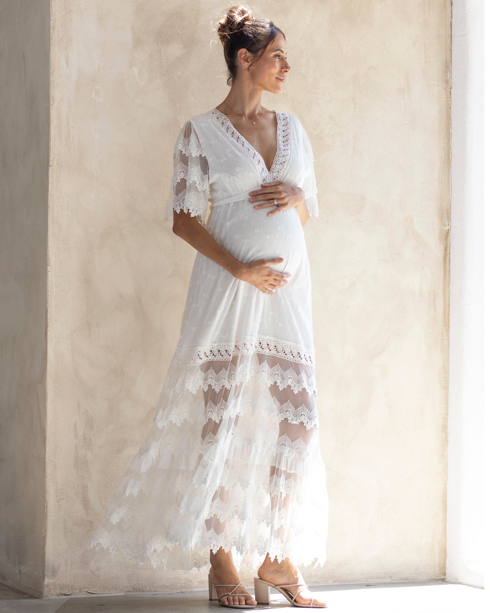Luxury Lace Knitted Maternity Baby Shower Dress in White – Angel