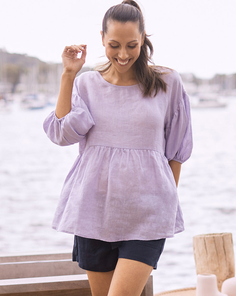 Mai View - A Young Pregnant Woman in Lavender Maternity Linen Blouse Top