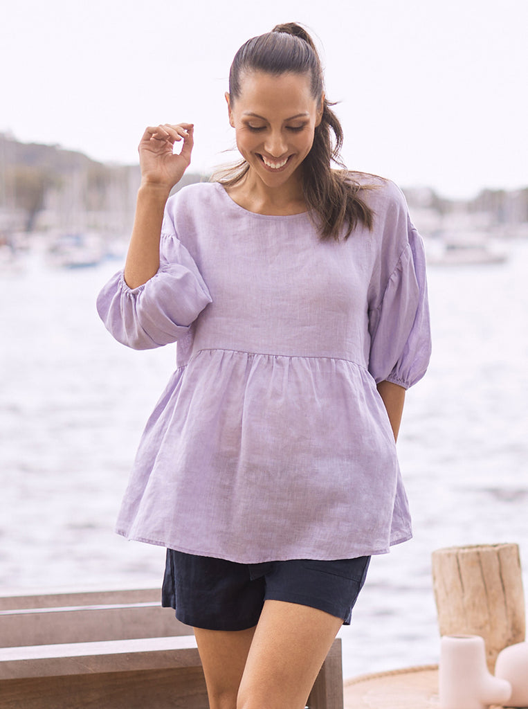 Mai View - A Young Pregnant Woman in Lavender Maternity Linen Blouse Top
