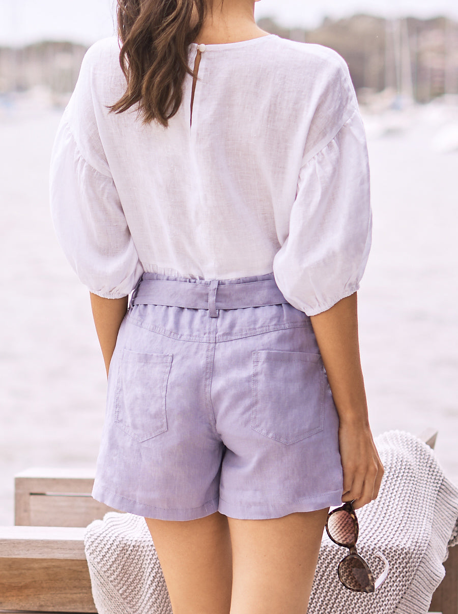 Purple linen shorts discount