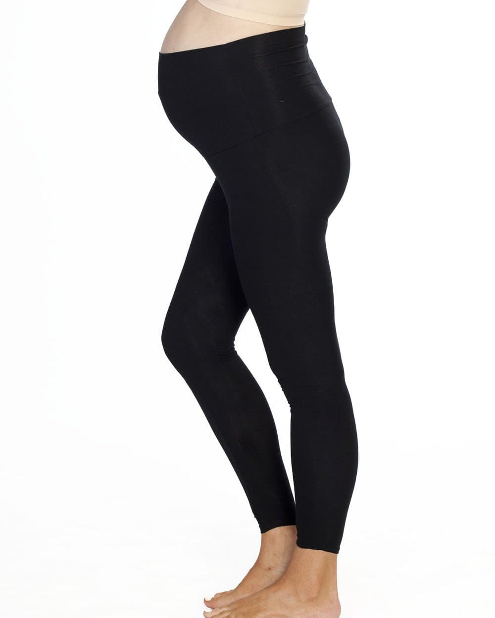 A model in 2 pack black maternity foldable waist leggings, leftside (4506713227367)