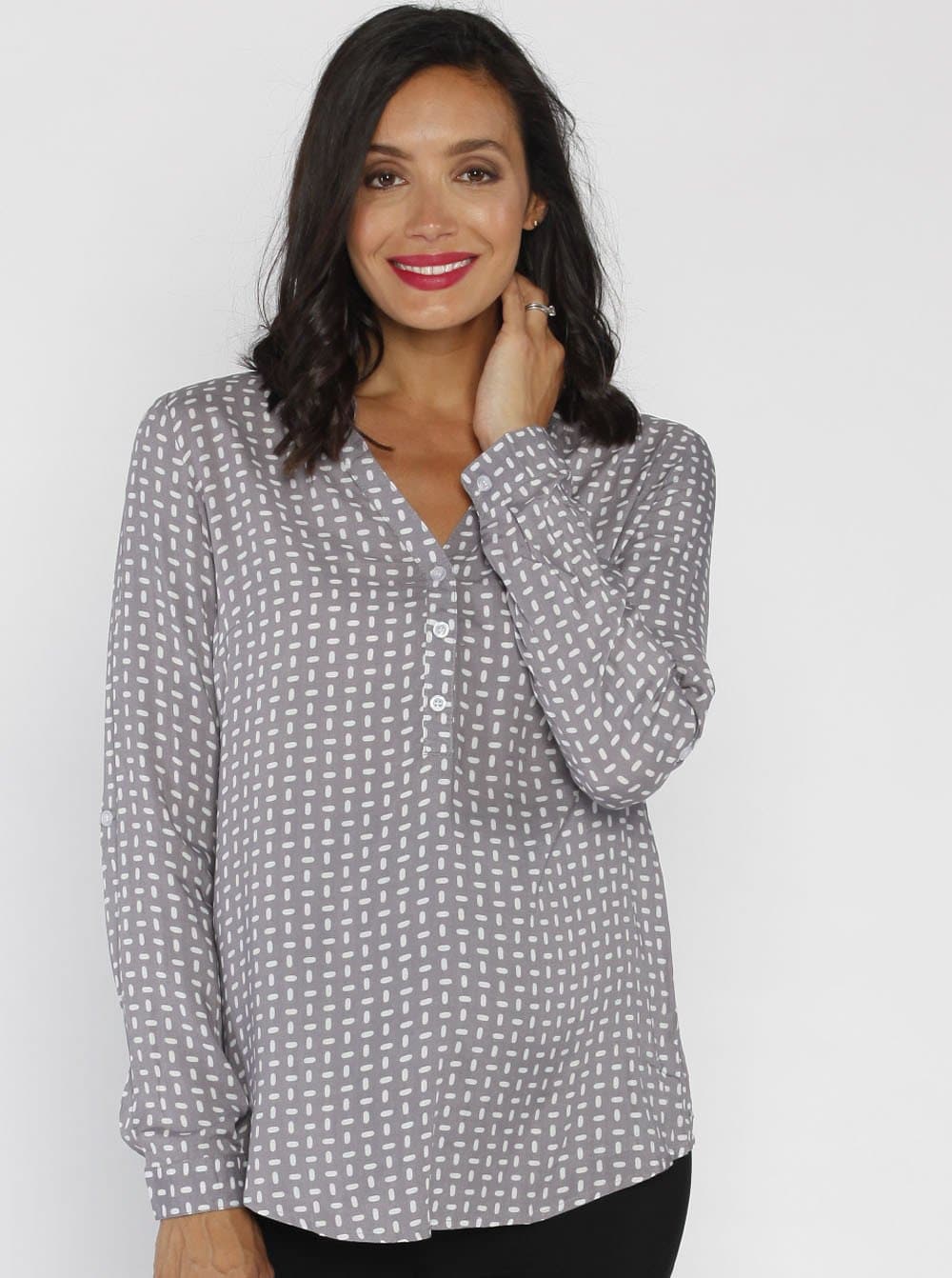 Angel Maternity Roll Up Long Sleeve Maternity Shirt - Brown Dots Print (10007174662)