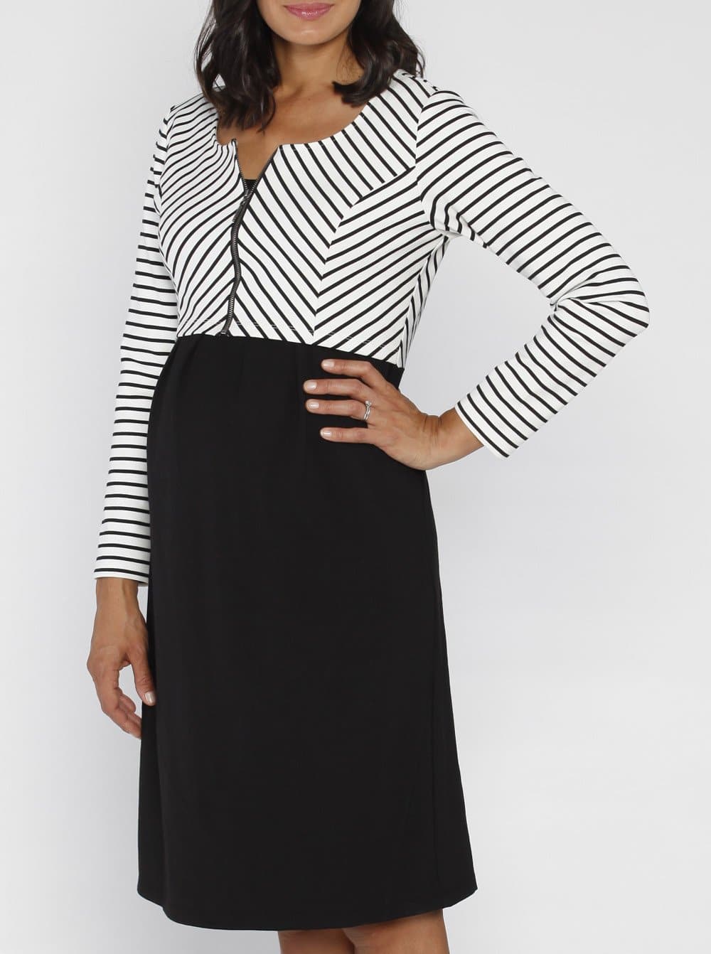 Angel Maternity Stripe Work Dress with Zipper Details - Black (10007640582)