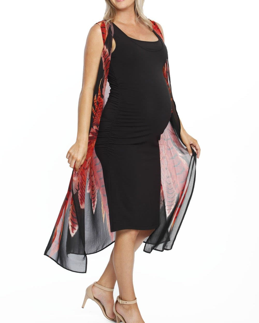 Maternity Chiffon Sleeveless Summer Long Cardigan - Red & Black Print light weight kimono (1588821786727)
