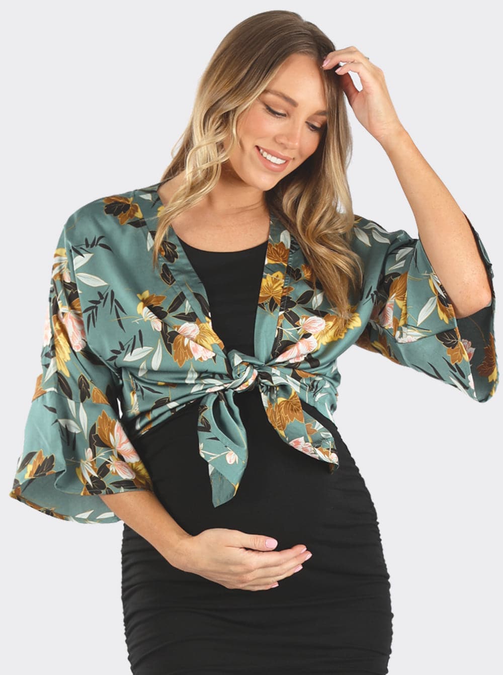 Maternity Blooming Sateen Nursing Wrap Top in Green Floral - Angel Maternity - Maternity clothes - shop online (4785467523175)