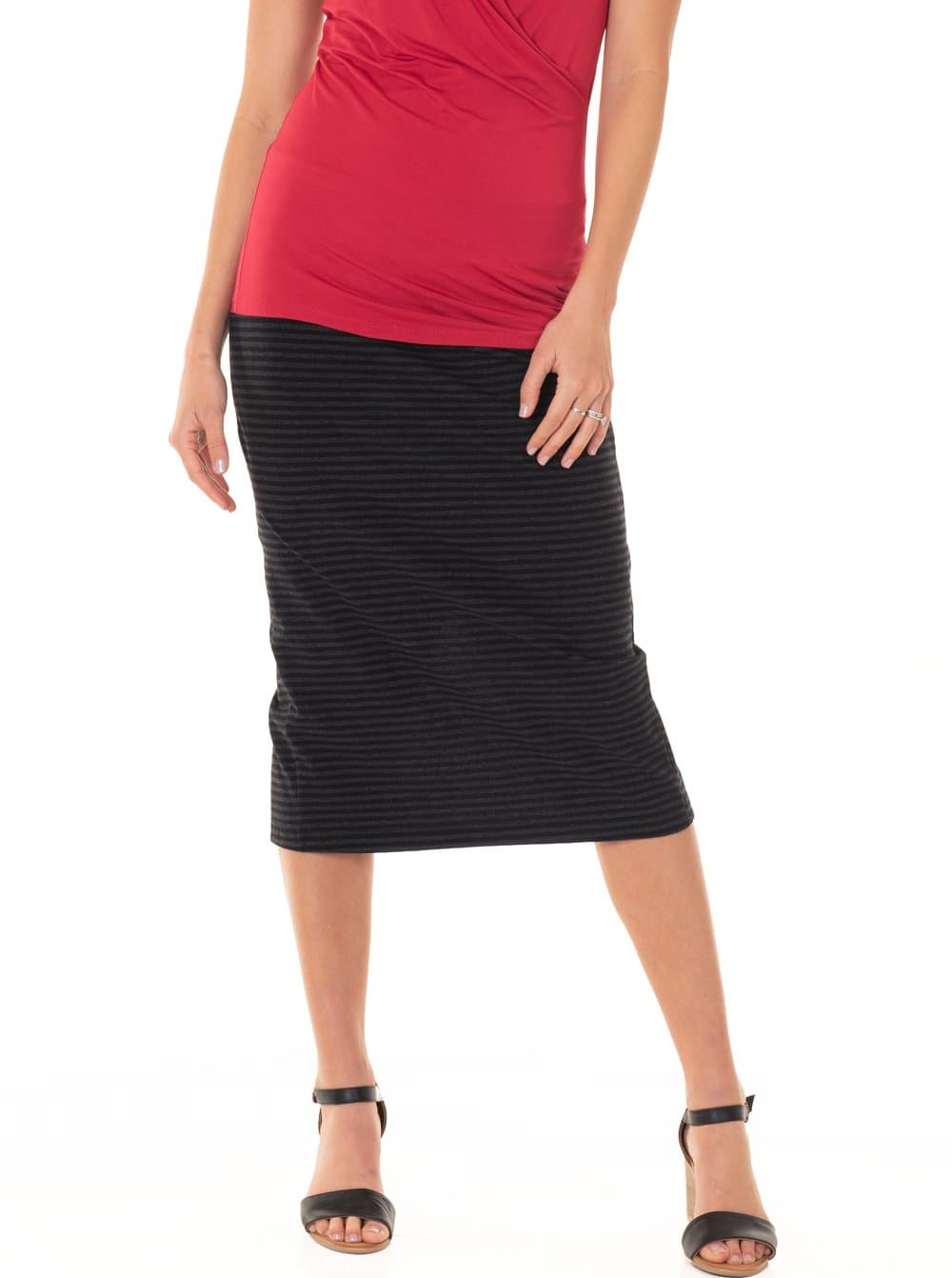 Maternity Midi Straight Cut Skirt Black Grey Marle Stripes