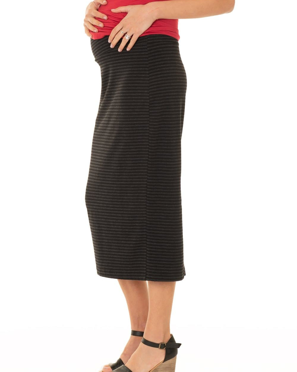 Maternity Midi Straight Cut Skirt - Black & Grey Marle Stripes - Angel Maternity - Maternity clothes - shop online (2227770654823)