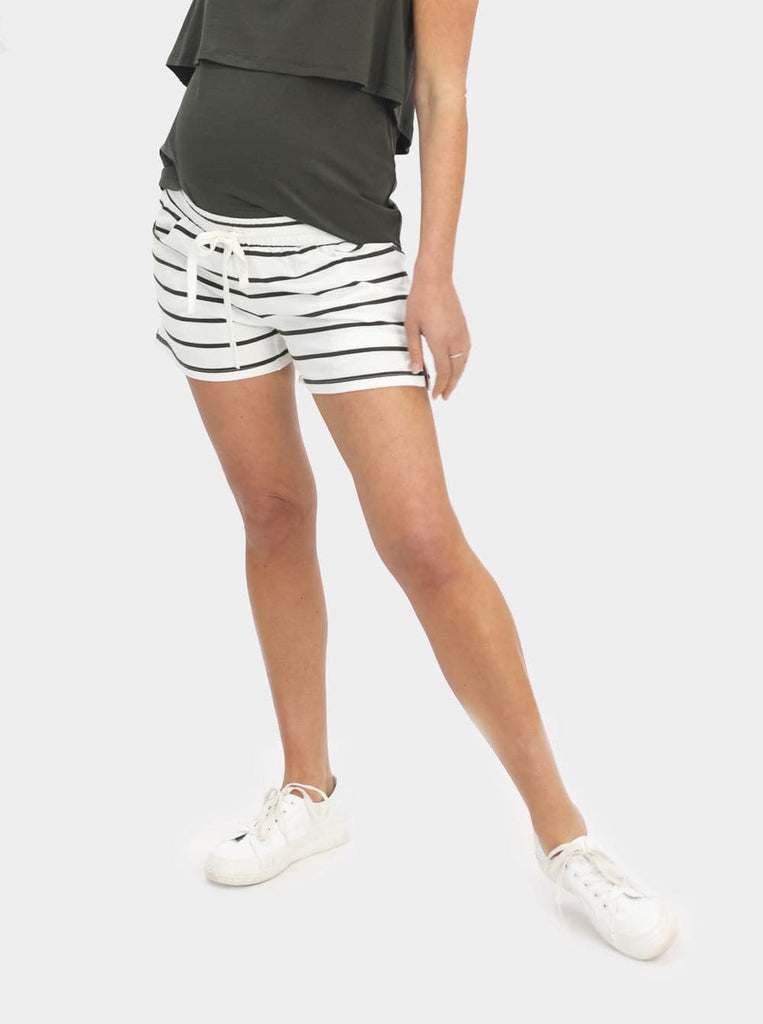 Beige Palm Print Drawstring Accent Maternity Shorts