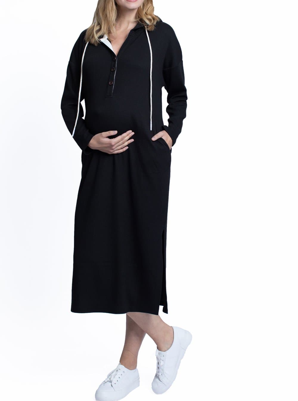 Maternity Oversize Hoodie Button Nursing Dress  - Black - Angel Maternity - Maternity clothes - shop online (4656451715175)
